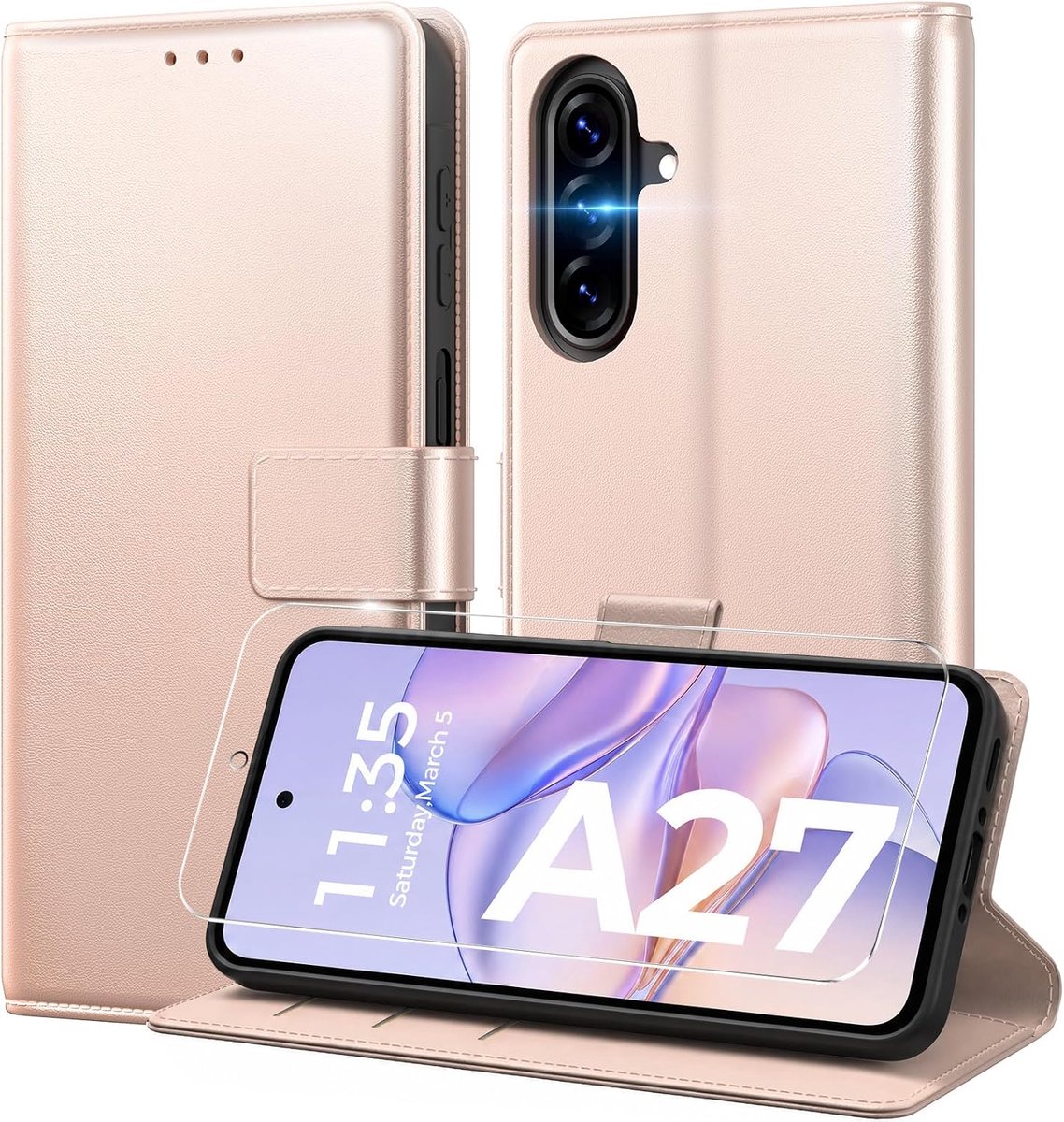Hoes voor mobiele telefoon voor Samsung Galaxy 27 5G, met 1 stuk pantserveiligheidsglas, premium PU-leer, RFID-blokkering, kaartenvak, klaphoes, compatibel met Galaxy 5G / 4G, roze
