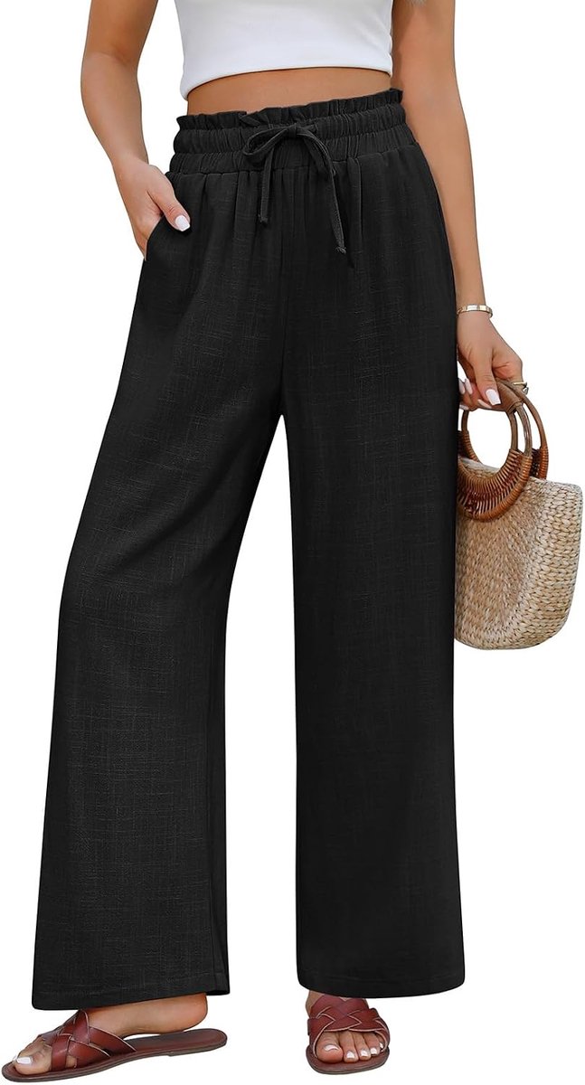 Zomerbroek voor dames, van katoen en linnen, elegant, elastisch, hoge taille, licht, comfortabel, los, met zakken