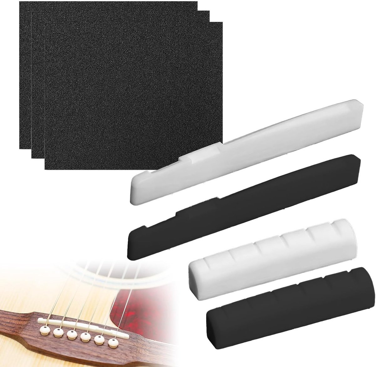 Set van nut en zadel is compatibel met akoestische gitaar 72/43 mm, pak van 2, met schuurpapier met korrel 320, 600 en 1500, akoestische gitaar