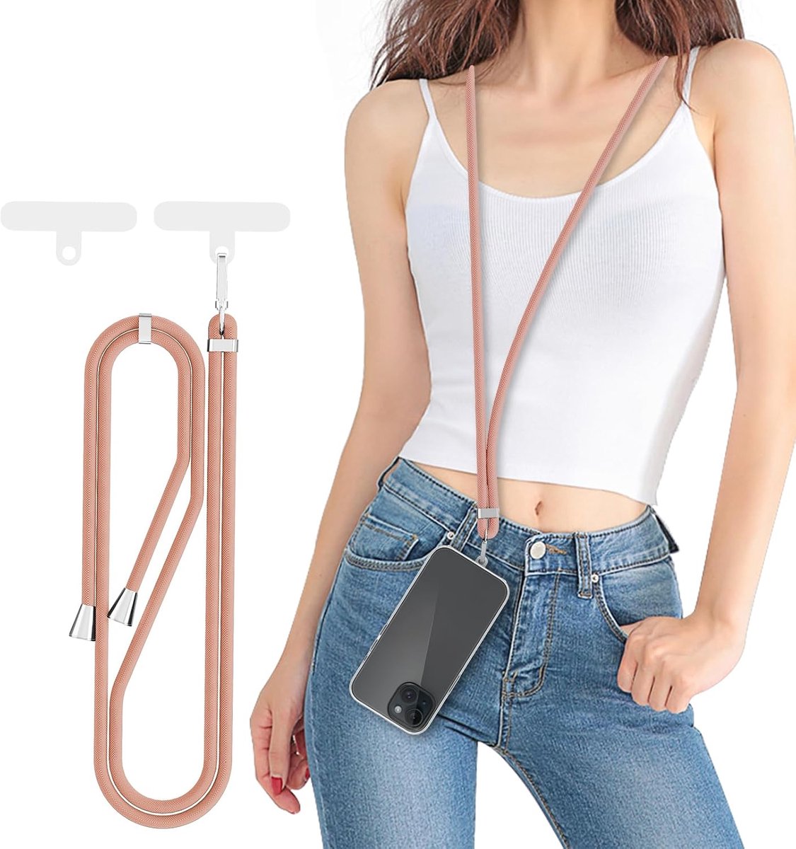 Telefoonketting om om te hangen, geschikt voor alle smartphones, telefoonketting met 2 stuks universele patches, telefoonkoord sleutelkoord geschikt voor alle standaard
