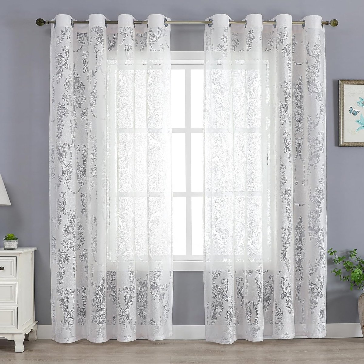 Vitrages met damastpatroon en ringen, 2-delige set, 140 x 200 cm