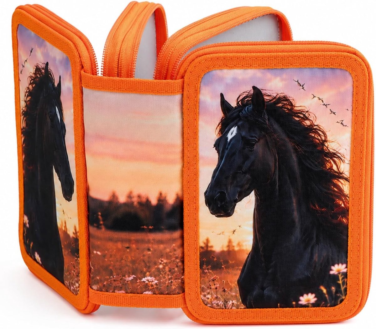 Paardenetui met 3 vakken, met ritssluiting, grote capaciteit, etui met ritssluiting, voor school, kinderen en tieners, oranje, Paardenetui, 20 x 12 x 6,5 cm, Paard pennenetui