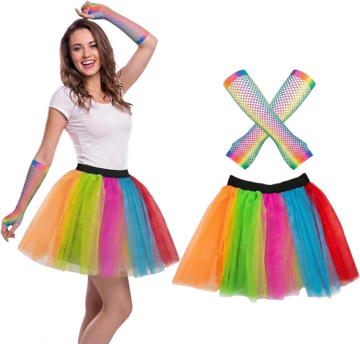 2 stuks Neon Tutu Rok en Regenboog Visnet Handschoenen Set Regenboog Tutu Rokken voor Vrouwen Fancy Dress 80s Neon Party Accessoires Rave Retro Outfit Hen Party Running Kostuum