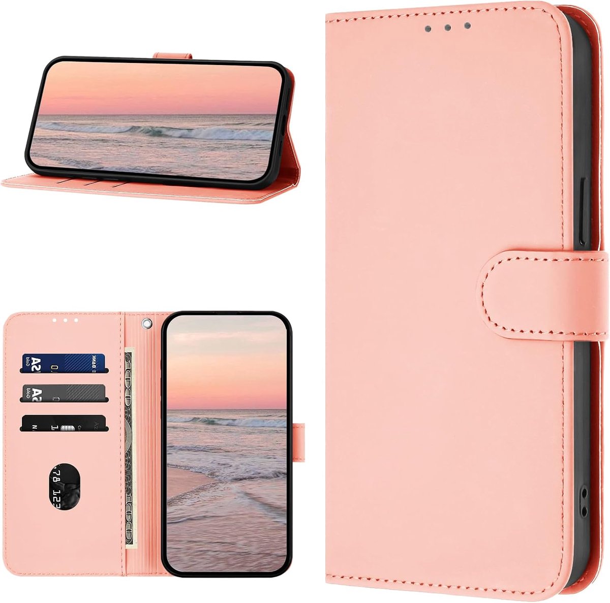 Beschermhoes voor iPhone 15, PU-leer, klaphoes, portemonnee, beschermhoes voor iPhone 15 (roségoud)