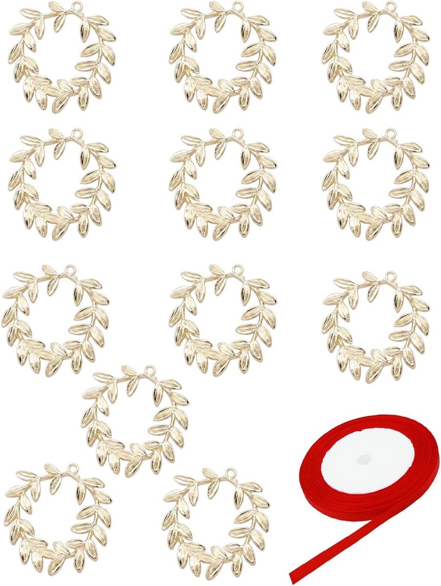 12 hangers olijftak van goud, 41 x 36 mm, legering, hangers voor dames, om te knutselen, decoreren, afstudeerfeesten, gastgeschenken en tafelkaarten, inclusief 1 rood lint