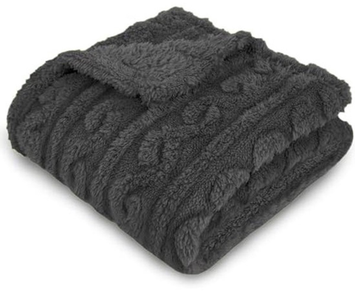 Fleece Deken - Zachte Plaid - Gezellig Thuis - Jacquard Patroon - 230 x 270cm - Donkergrijs