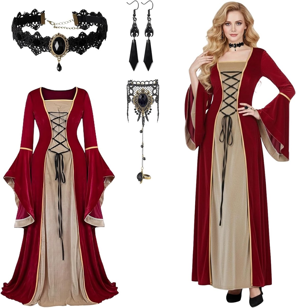 Kostuum voor dames, middeleeuws kostuum voor dames, met halsketting en oorbellen, renaissance-jurk met klokmouwen, carnavalskostuum voor party, retro, cosplay, Halloween