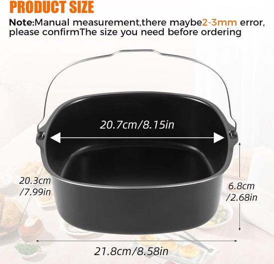 Bakvorm voor airfryer, heteluchtfriteuse bakvorm, vierkante ijzeren airflyer taartvorm, vaatwasmachinebestendig met antiaanbaklaag, geschikt voor HD9925 HD9860 HD9905/01 airfryer (22 cm) — afbeelding 3