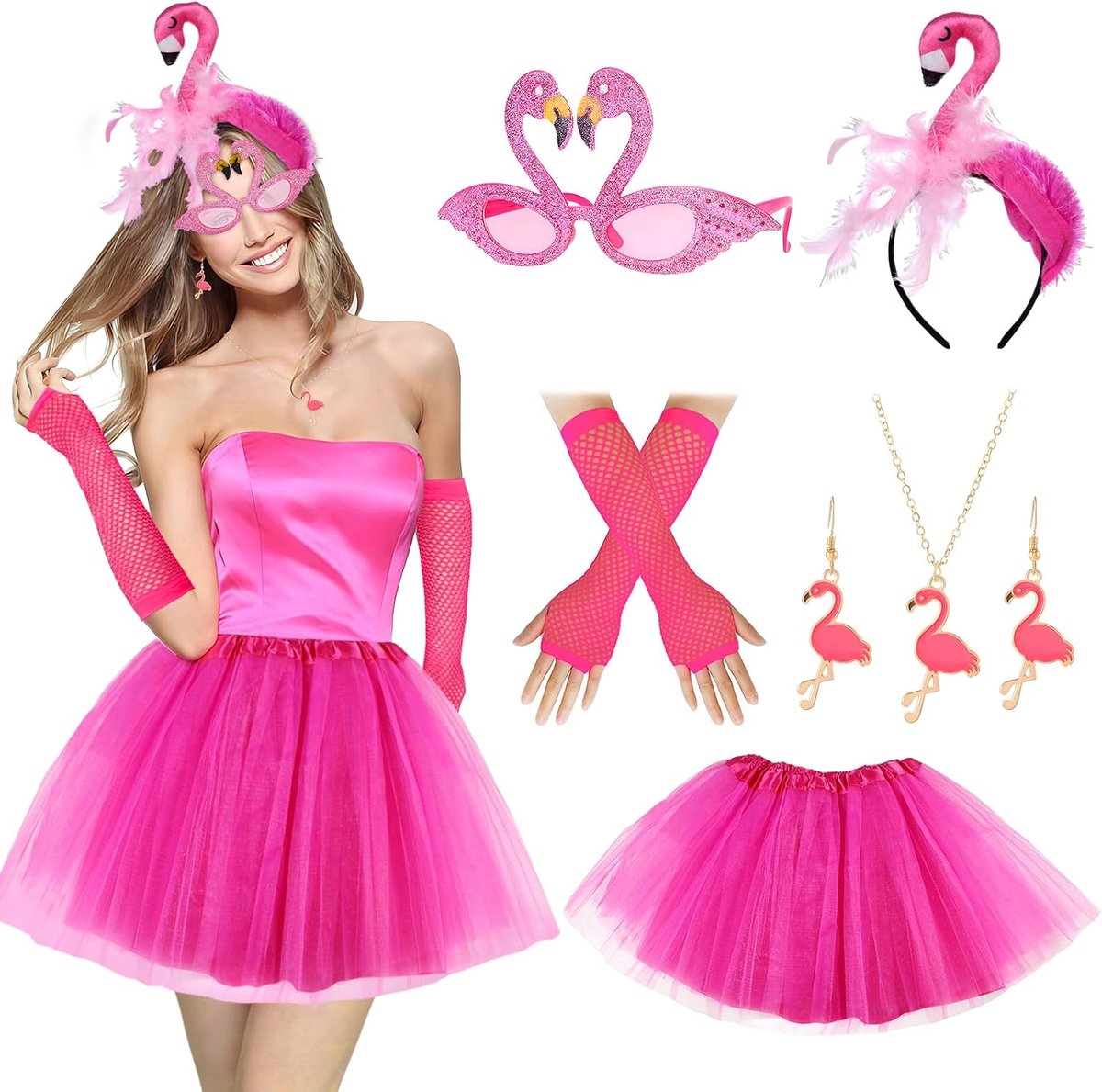 6 Flamingo-kostuums voor dames, inclusief flamingo-accessoires zoals een hoofdband, roze tule rok, bril, handschoenen, oorbellen en ketting voor carnaval en cosplayfeesten
