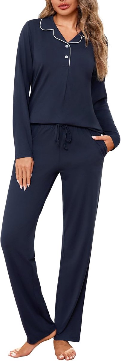 Damespyjama van katoen, tweedelige pyjama voor dames, winter, bovendeel met open voorkant en knopen en lange broek met zakken, comfortabel, casual