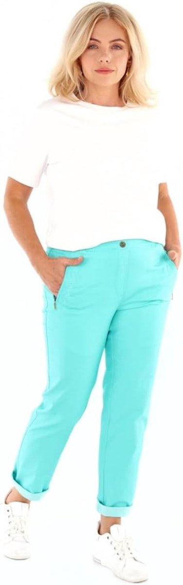 Dames chinobroek van katoen met elastische tailleband en knoop, elastische broek met zakken en borduurwerk, maten 36-54, in rood, groen of turquoise