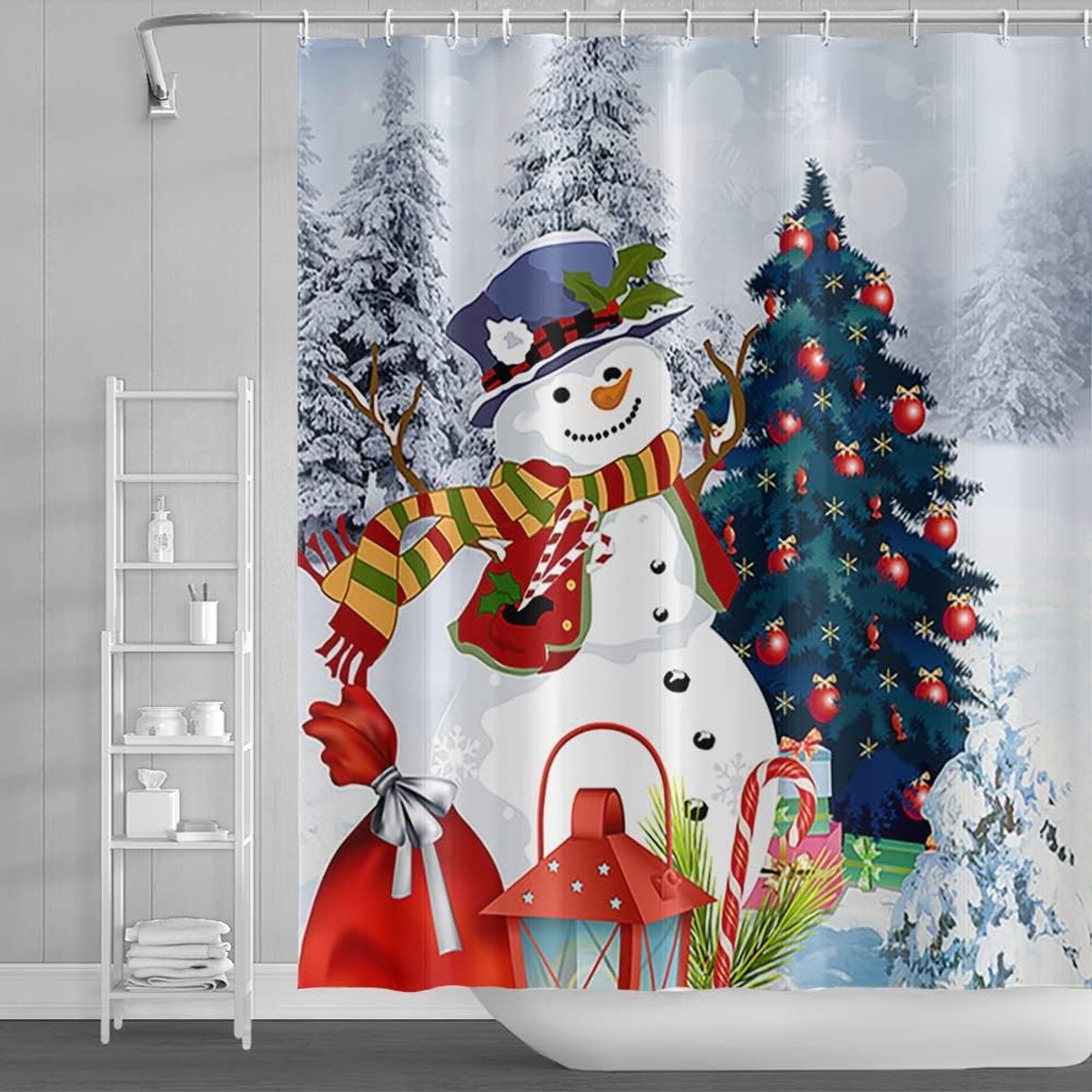 122x183cm Merry Christmas Douchegordijn Winter Grappige Leuke Sneeuwman Kerstboom Bal Bad Gordijn Sneeuwvlok Gelukkig Nieuwjaar Badgordijn voor Kids Badkamer Stof Polyester met Haken