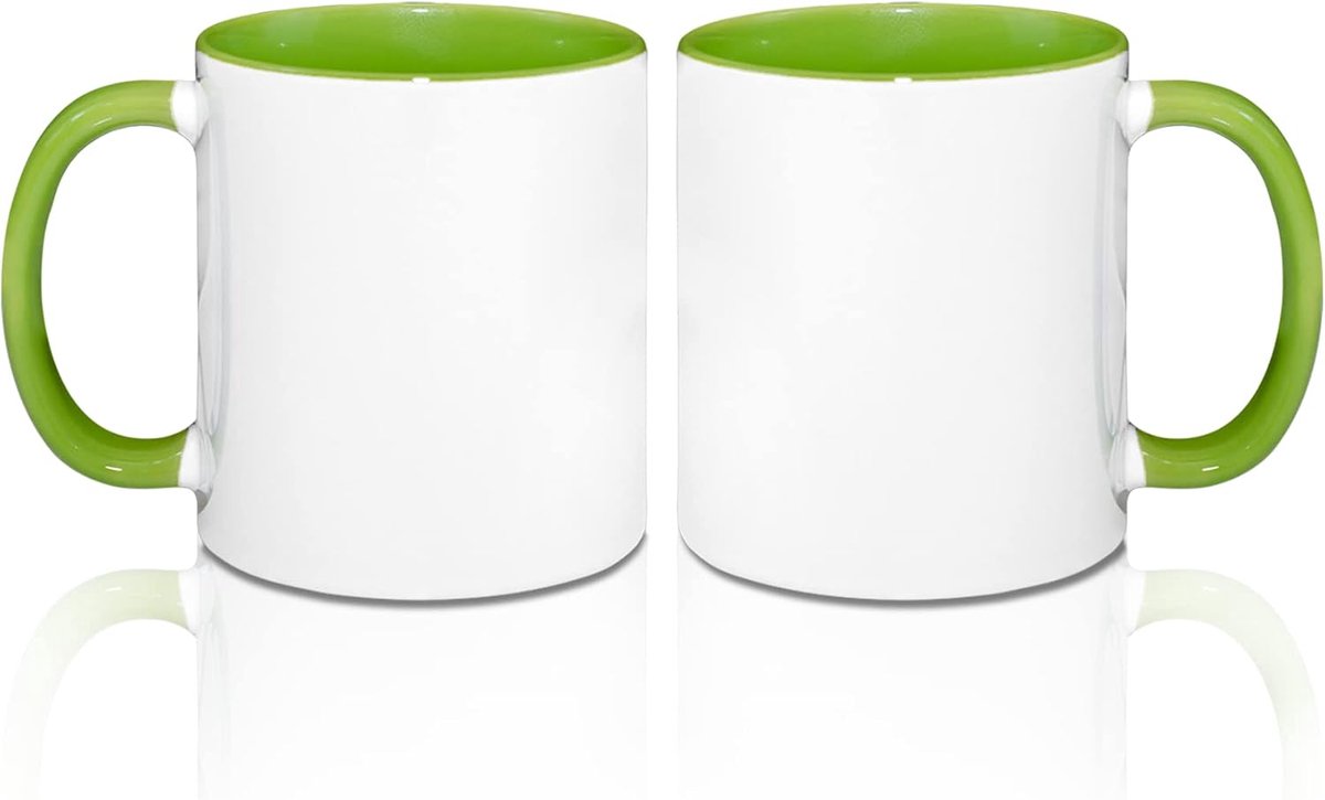 11oz sublimatie lege koffie mokken, lege witte mok met groen kleurige binnenkant en handvat, set van 2