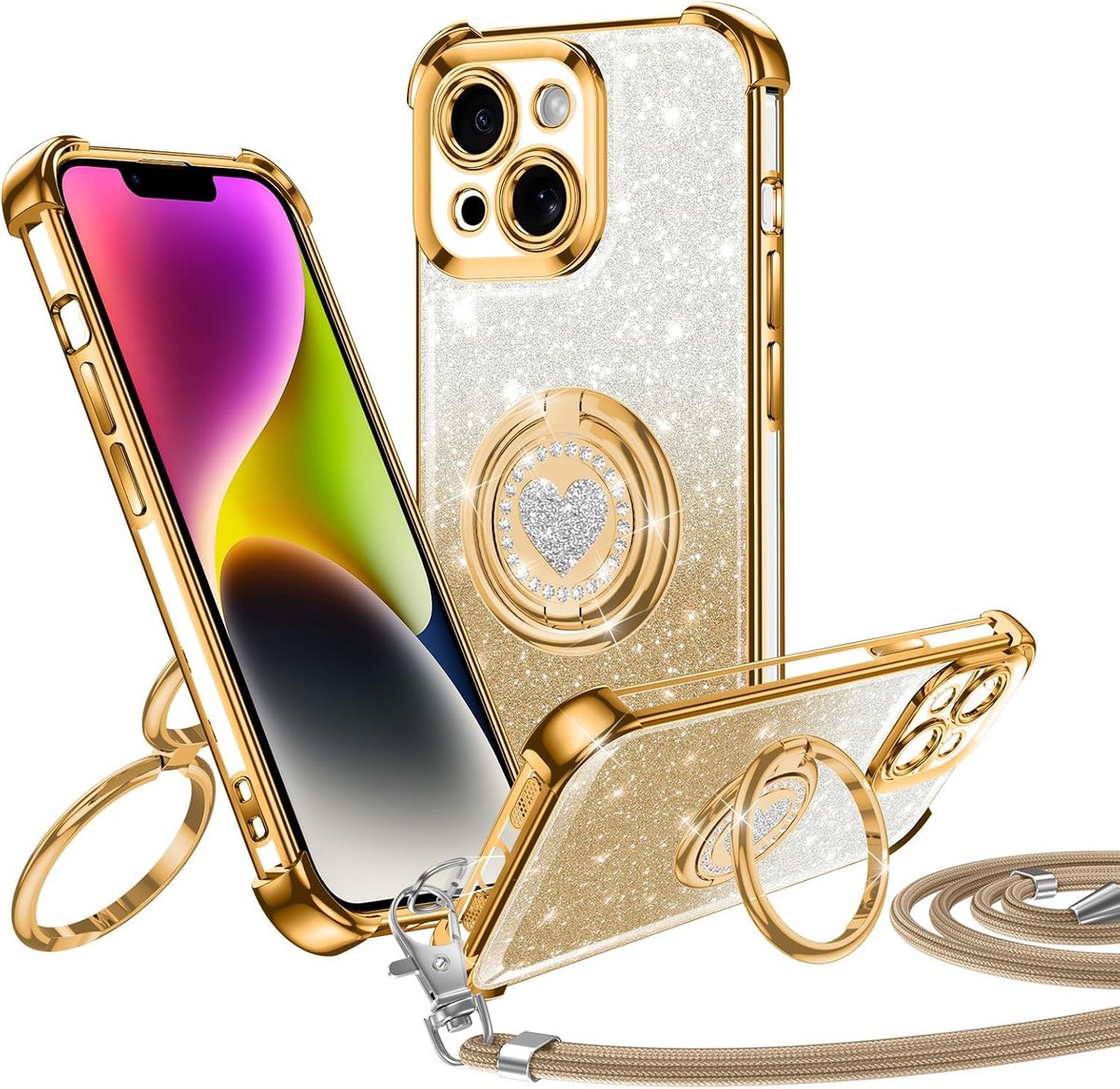 Beschermhoes voor iPhone 14 met koord, dubbele ring, liefdeshartmotief, voor vrouwen en meisjes, zachte glitter beschermhoes voor iPhone 14 met afneembare halsketting, goud