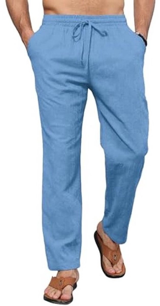 Heren Linnen Strandbroek, Loose Fit, Katoenen Casual Zomerbroek met Touwtjes
