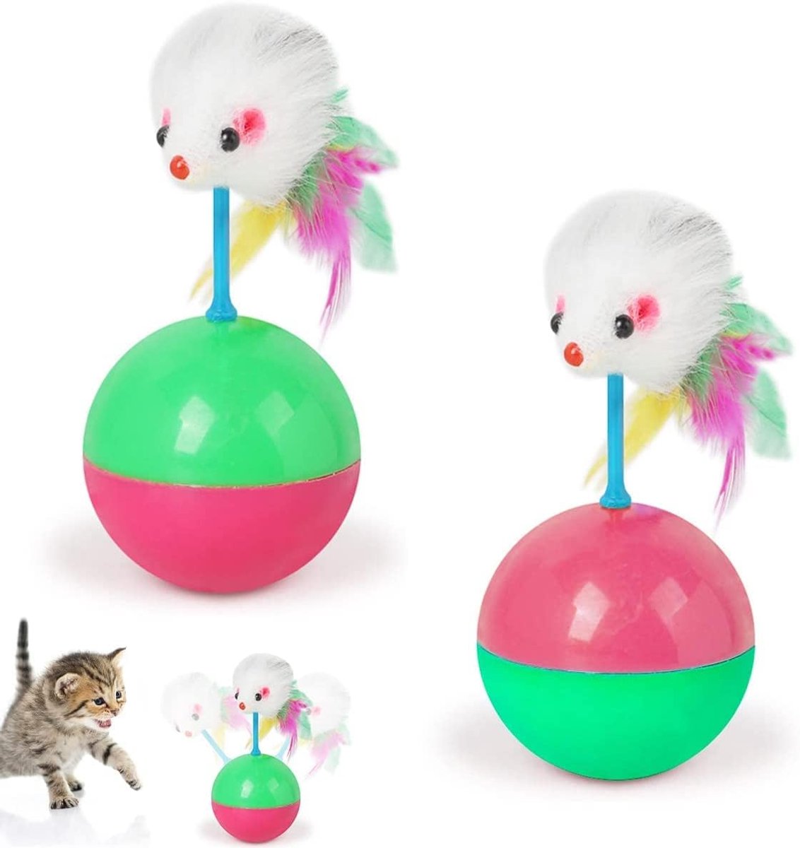2 stuks kattenspeelgoed, staande mannetjes, muis, katten, tumbler speelgoed, interactief veer, kattenspeelgoed, training binnen tuimelballen, kattenspeelgoed voor interactief spelen