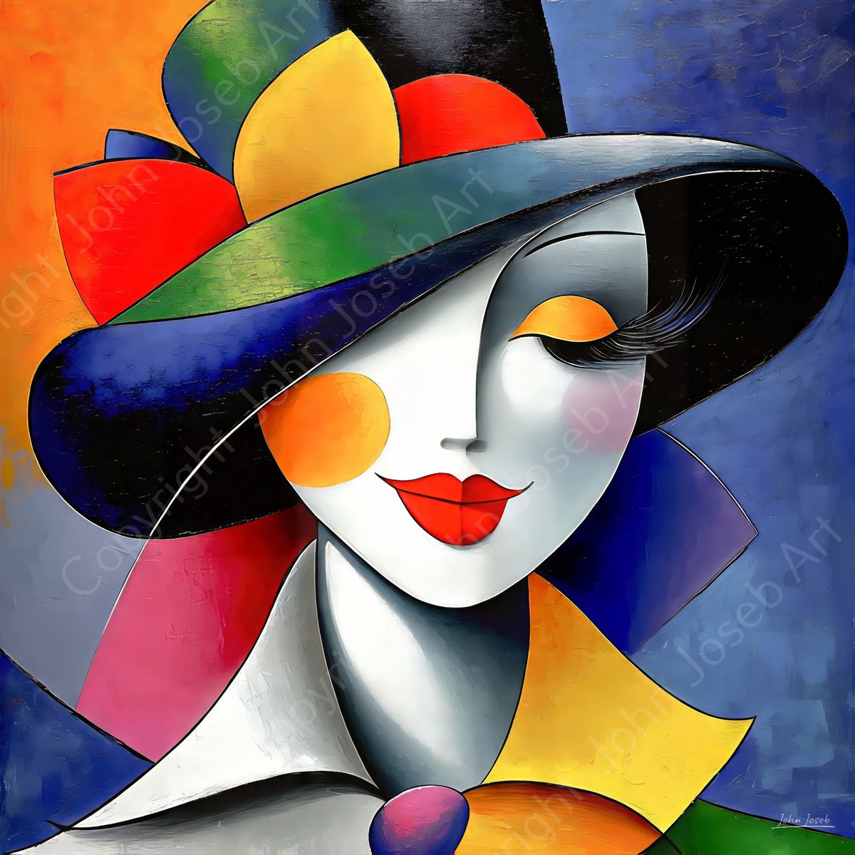 John Joseb Art (Glas) 100x100 | Vrouw met hoed, abstract, Picasso stijl, kleurrijk, kunst, vierkant, mens, rood, blauw, geel, groen, modern | Foto-schilderij-glasschilderij-acrylglas-acrylaat-wanddecoratie