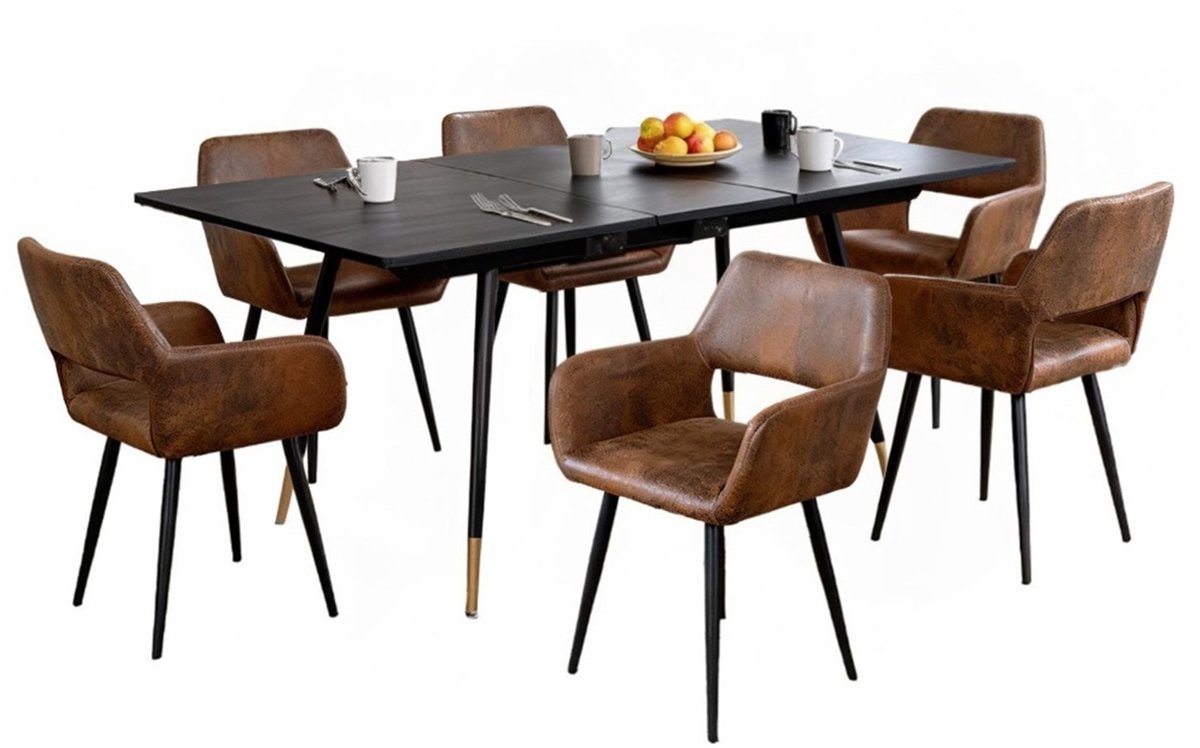 Eetkamerset - Uittrekbare Tafel En 6 Stoelen Met Armleuningen - Bruin
