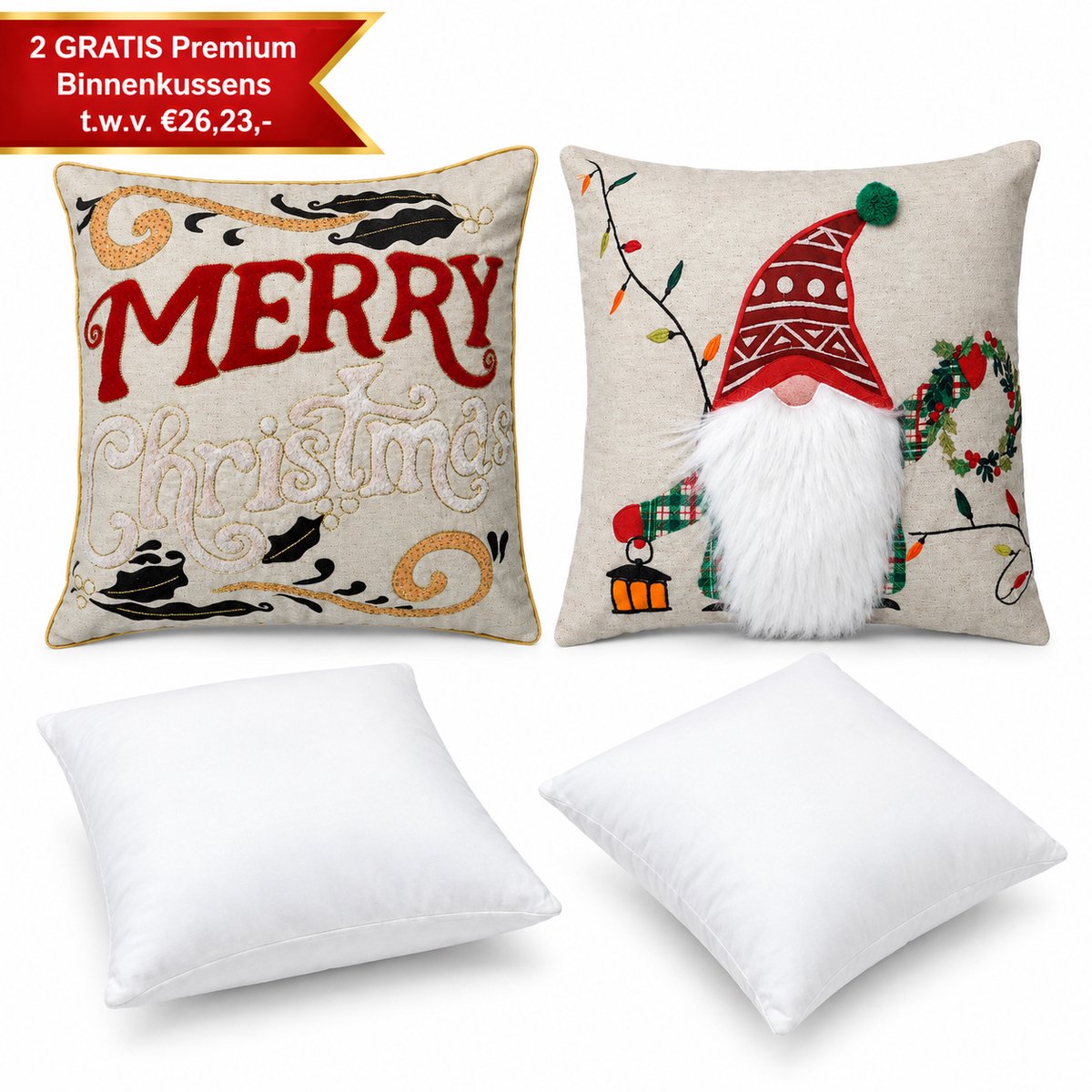Urbane Hide Kerstkussen Set van 2 Kerst Kussenhoezen + 2 Gratis Kussenvulling - Kerst Kussenhoes - Kussenhoesjes Vierkant - Kerstkussens met Merry Christmas & Kerstman Kabouter - 45x45 cm - Beige
