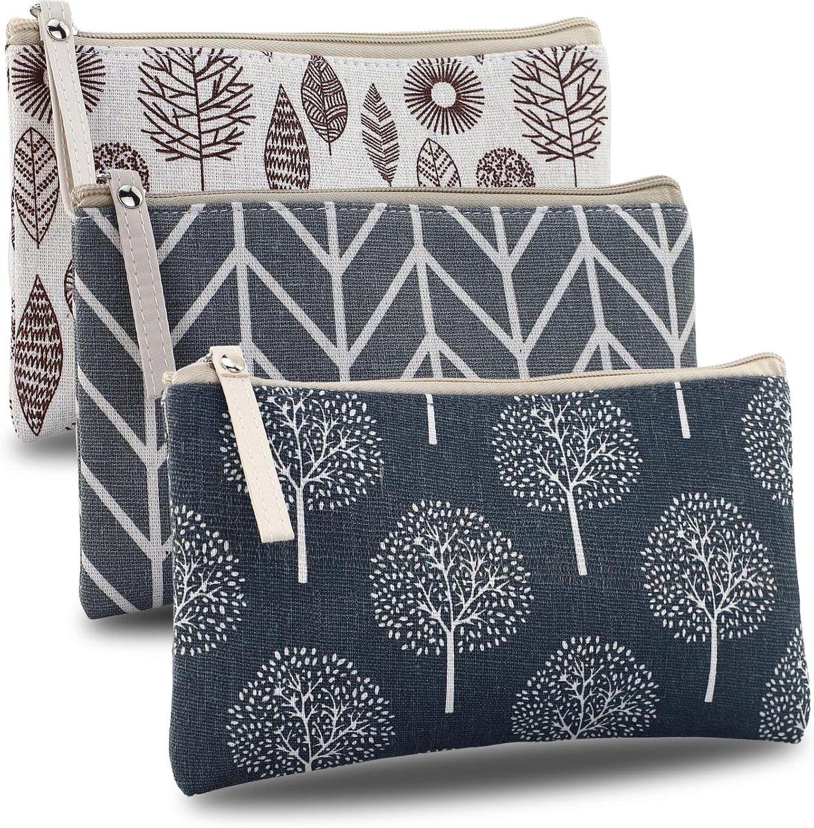 3 stuks canvas make-uptas, multifunctioneel, klein make-uptasje, reis-toilettas, make-uptas voor dames, met ritssluiting, organizer (natuurlijke stijl, 3)