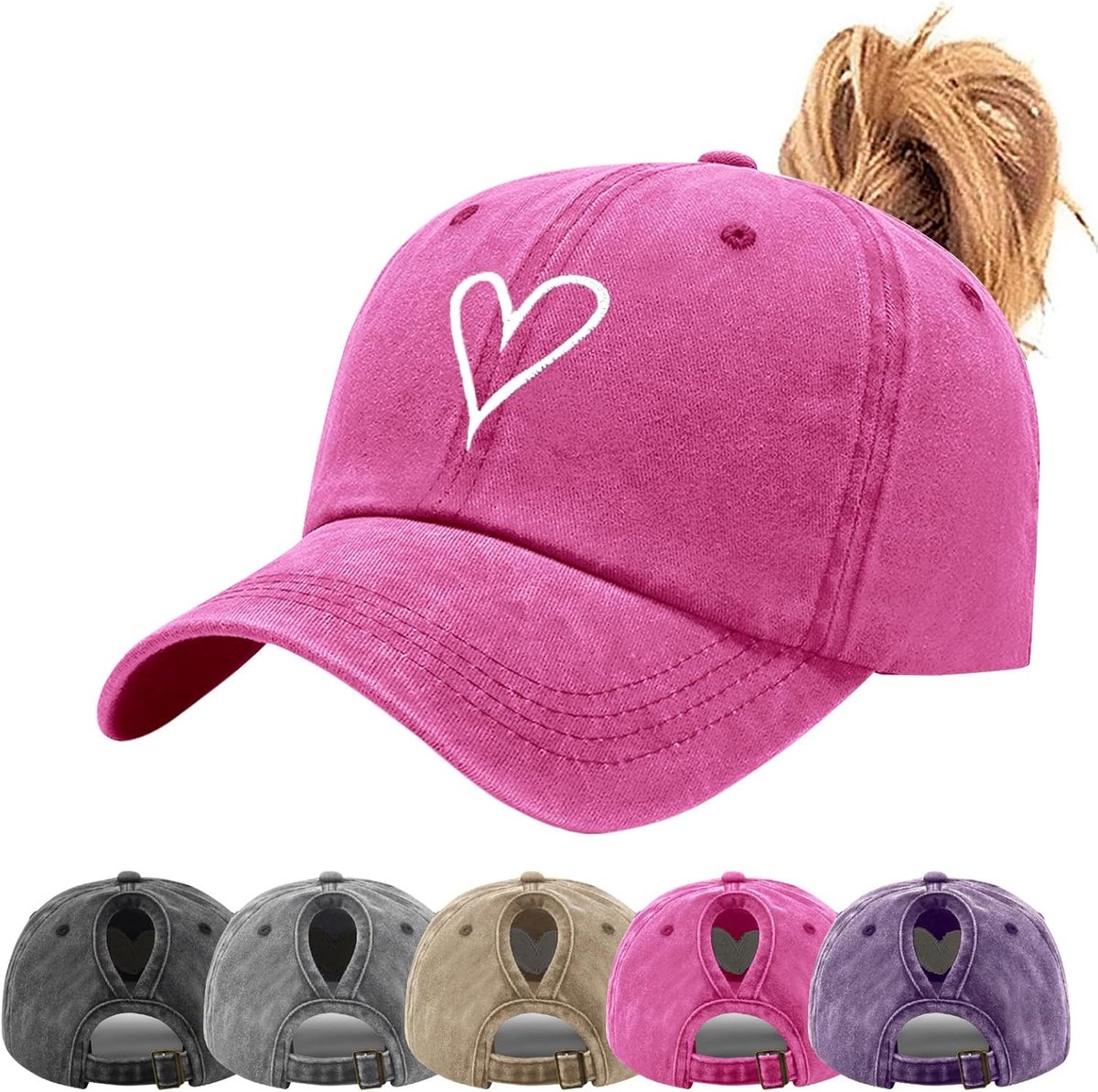 Paardenstaart Baseball Cap voor Vrouwen Vintage Gewassen Katoen Hart Geborduurd Hoge Rommelige Bun Ponycap Verstelbare Comfortabele Uv-bescherming Trucker Hoed Snapback Outdoor Sport Cap