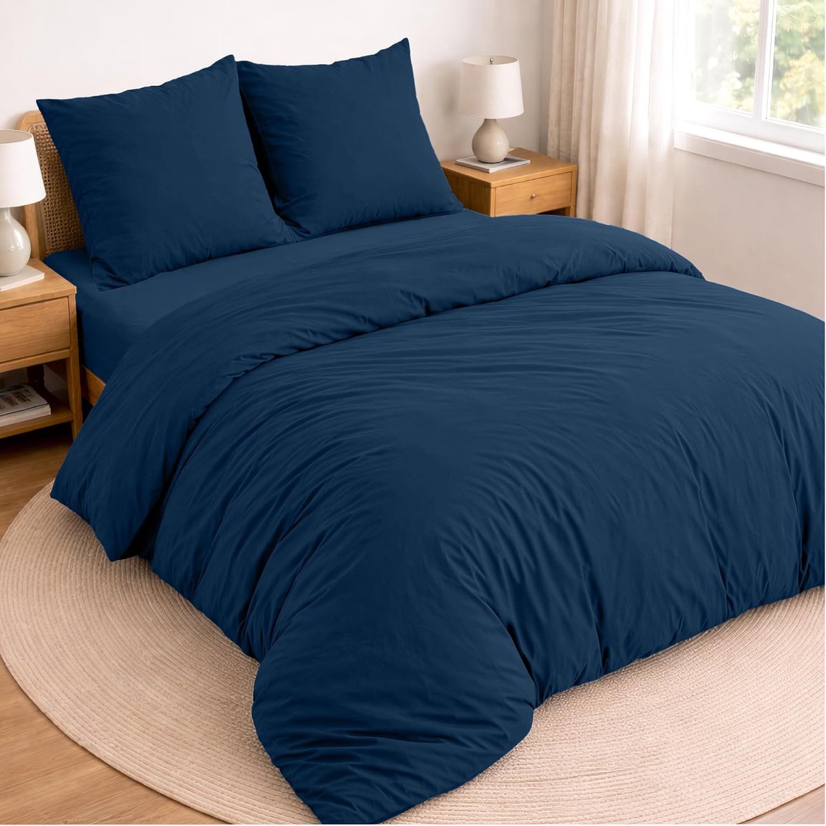 Beddenset 140x190-4-delig - Dekbedovertrek 220x240 cm, Hoeslaken 140x190 cm met 2 kussenslopen 65x65 cm - Geborstelde microvezel, Oeko-Tex - Donkerblauw