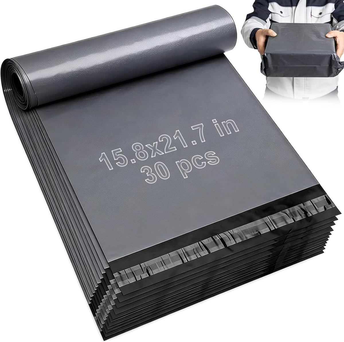Pakket van 30 grote verzendzakken 15,8 x 21,7 (40 x 55 cm) pakket- en verzendzakken voor kleding, grijs, zelfdichtend, extra sterk, waterdicht, scheurbestendige verzendtas