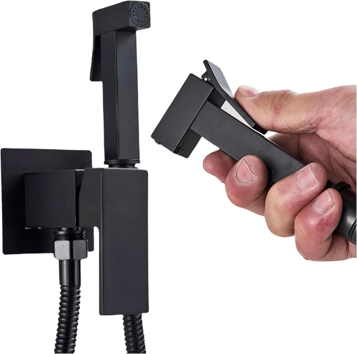 Bidetkraan, wandmontage, met hygiënische douche, warm- en koudwatermengkraan, keramische cartouche, messing behuizing, 100 cm doucheslang, G1/2-aansluiting, badkamerset (zwart)