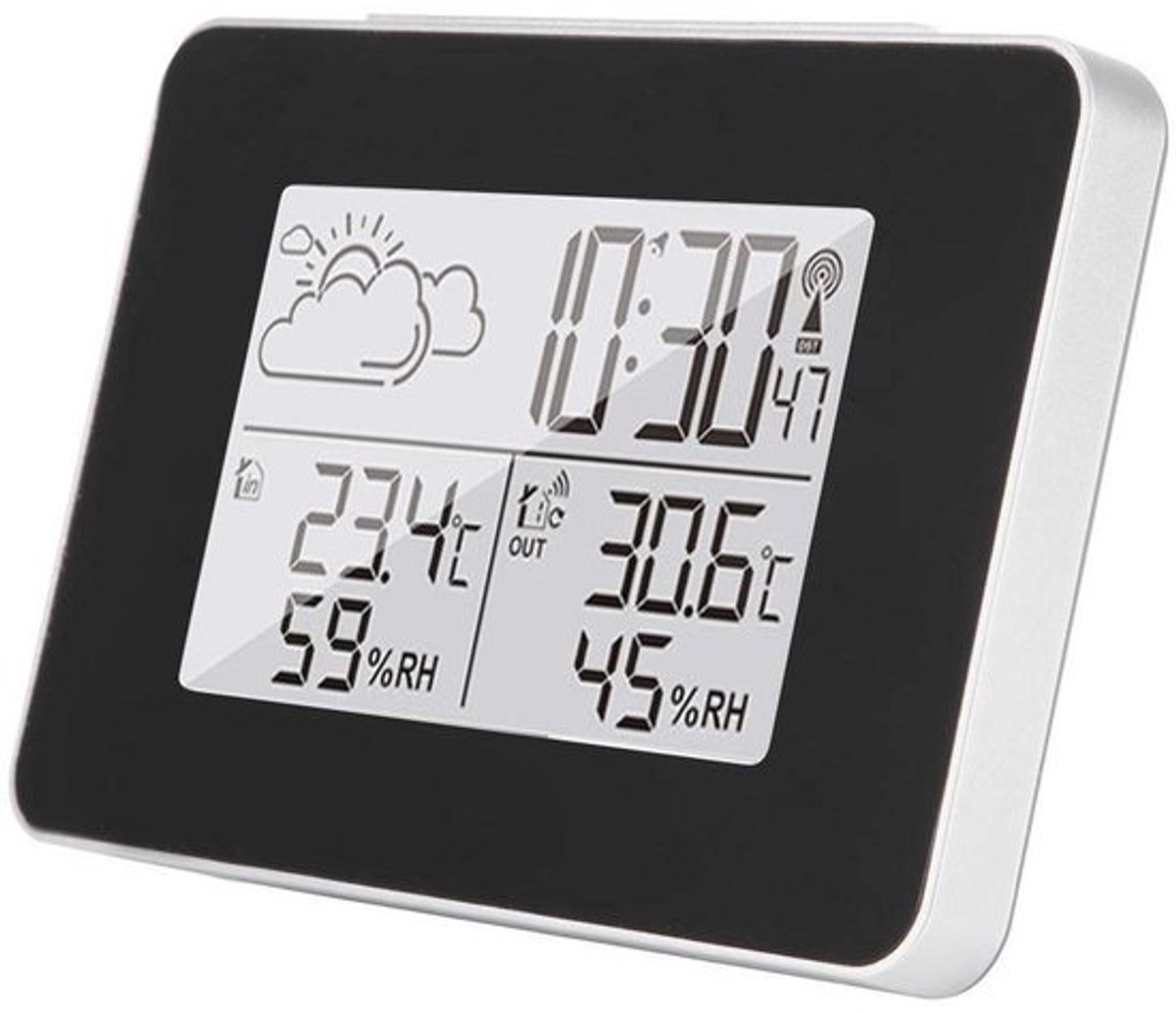 Digitale hygrometer en binnen-buiten thermometer met LCD-achtergrondverlichting en draadloze wekker
