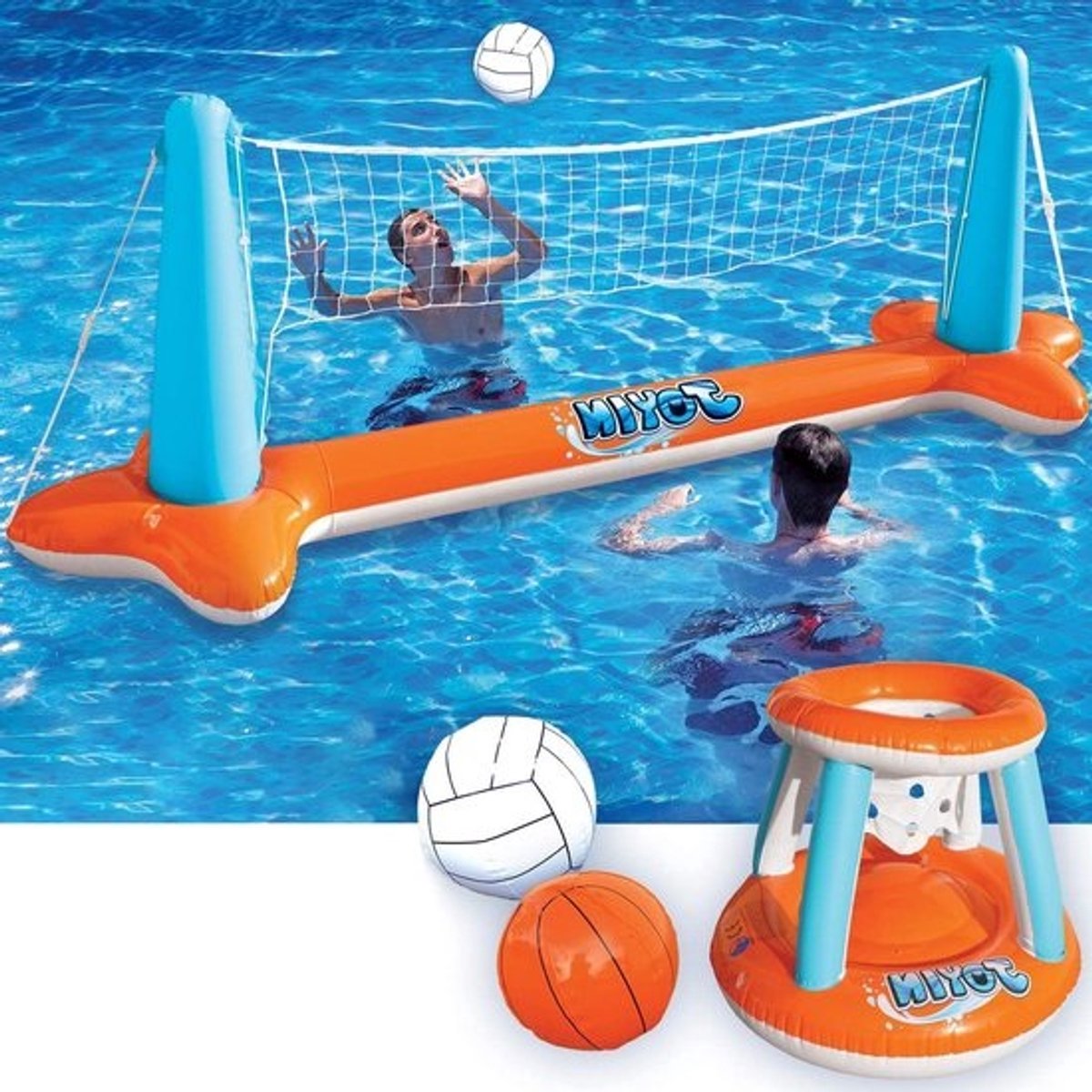 Opblaasbare drijvende zwembadset met volleybalnet, basketbalringen, ballen voor waterpolo - voor kinderen en volwassenen