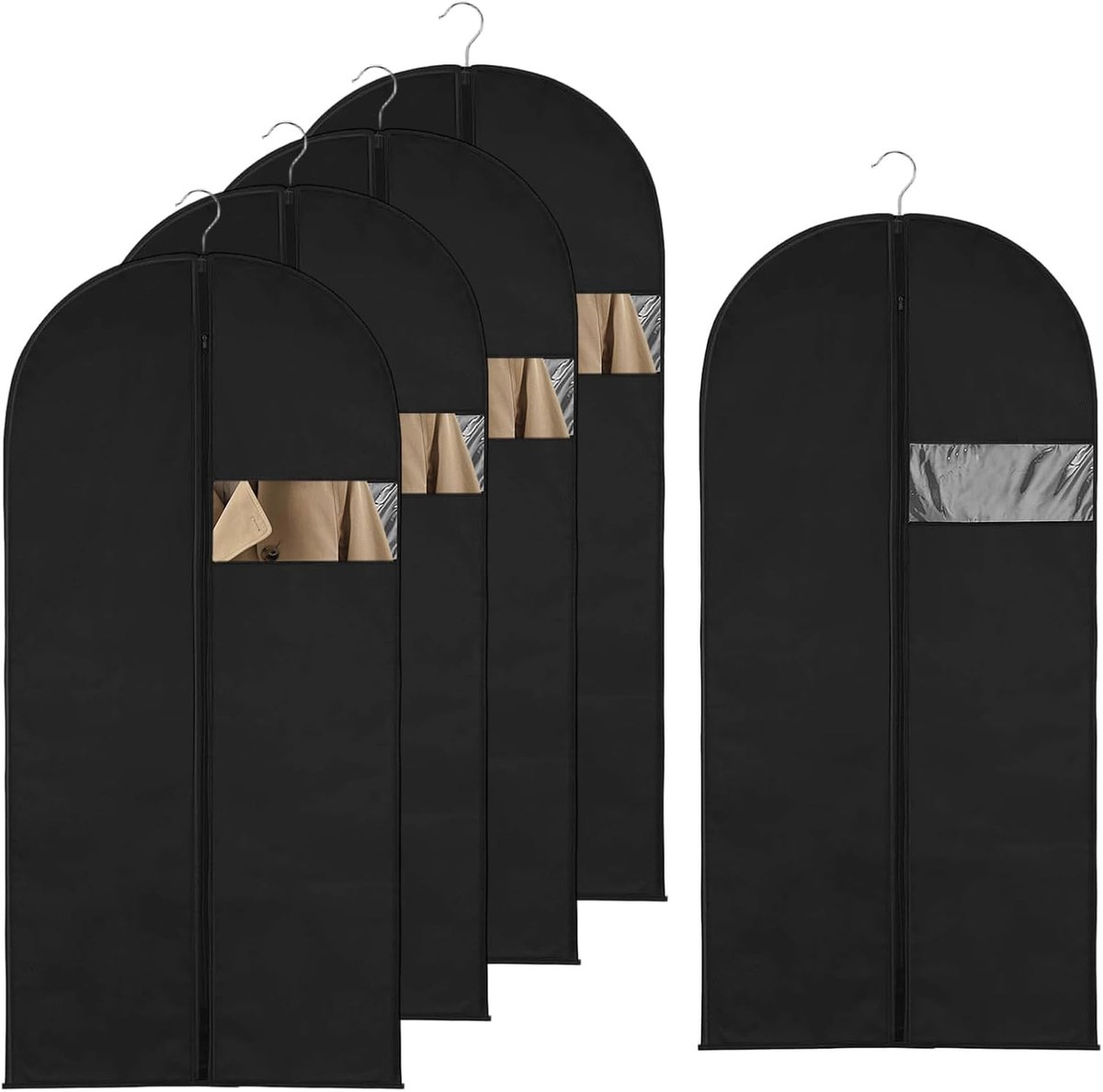 5 stuks kledingzakken, 120 x 60 cm, ademende paktas, kledingzakken met ritssluiting, opvouwbare kledinghoes, verdikte stofhoes voor pakken, mantels, avondjurken (zwart)