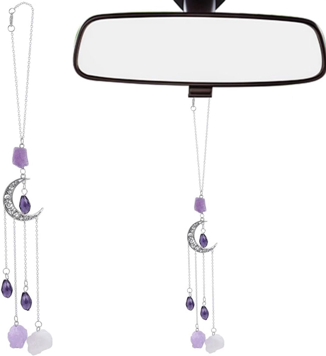 Achteruitkijkspiegel Hanger Heksen Chakra Auto Opknoping Ornament Leuke Maan Boho Achteruitkijkspiegel Decor Hanger Natuurlijke Amethist Kristallen Kralen Schwingend 30 cm