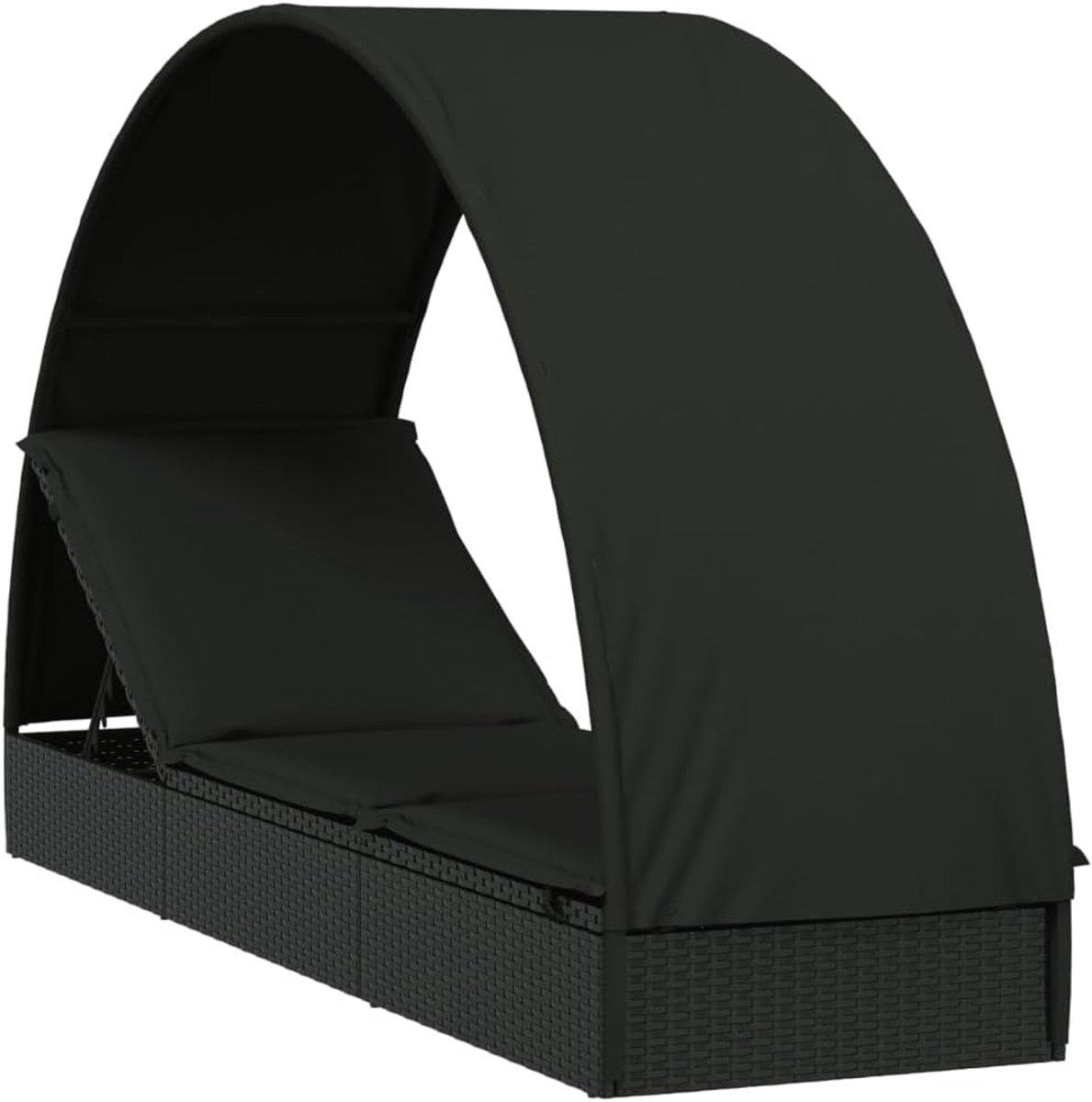 Ligstoel van PE-rotan met ronde luifel, zwart, 211 x 57 x 140 cm, stalen frame, voor zwembad, balkon, camping