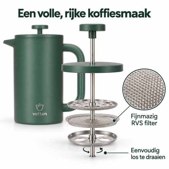 Donkergroene Vatten French Press met uit elkaar gehaald fijnmazig RVS filter.