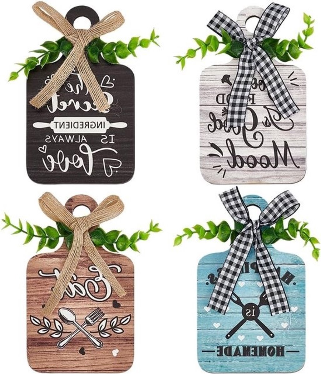 Set van 4 houten borden - Wanddecoratie - Jute touw - 15x9cm