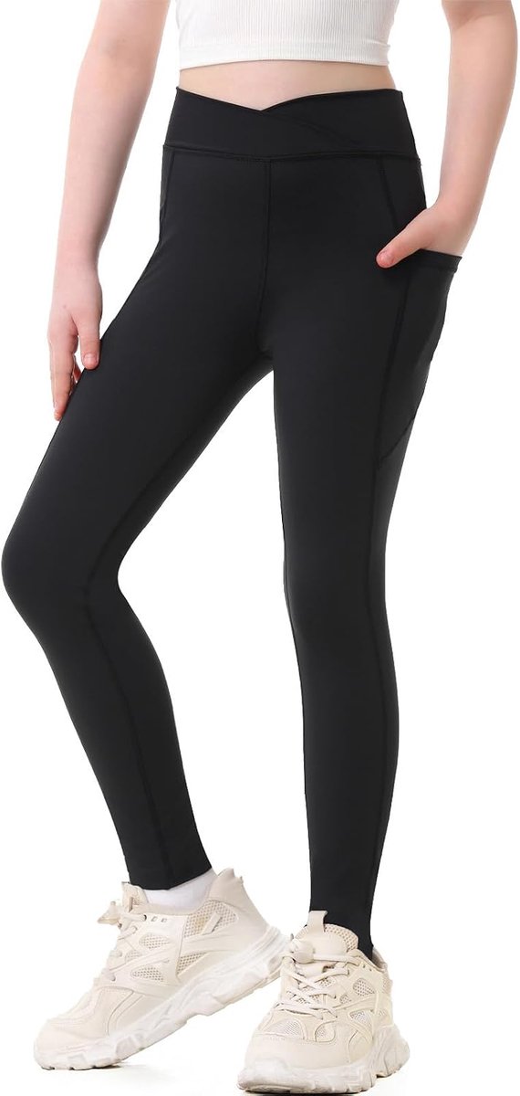 Leggings V Kruis Hoge Taille Met Zakken 5-14 Jaar Sport Dans Joggers Leggings Yoga Broek Zwart