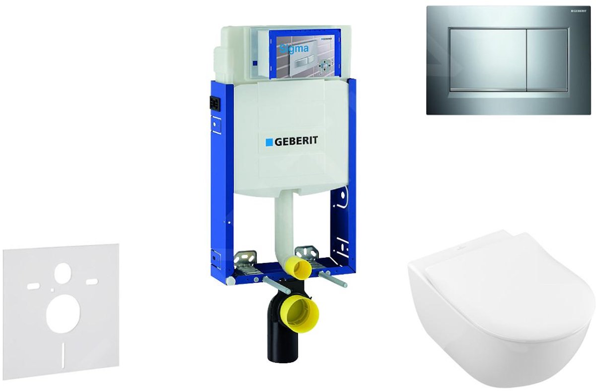 Toiletset met Sigma30 bedieningsplaat, glanzend chroom/mat chroom + Villeroy Boch hangend toilet en wc bril, SoftClose, DirectFlush, CeramicPlus