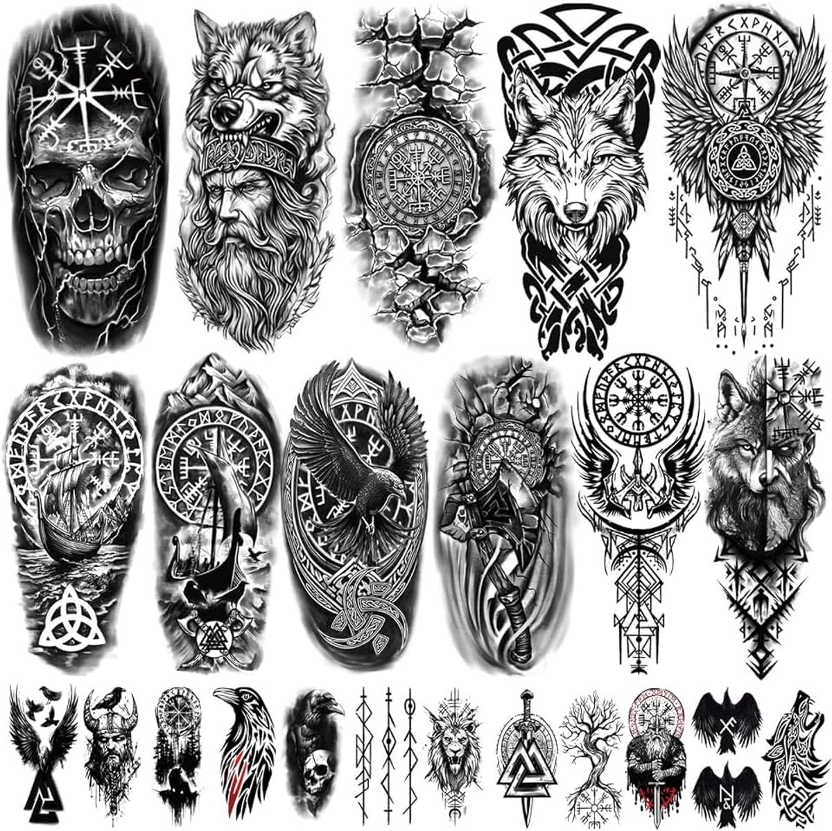 Tijdelijke tatoeages voor volwassenen, Scandinavische Keltische en tribale patronen, totempatronen voor Vikingkostuums, Yggdrasil en valknut tatoeages