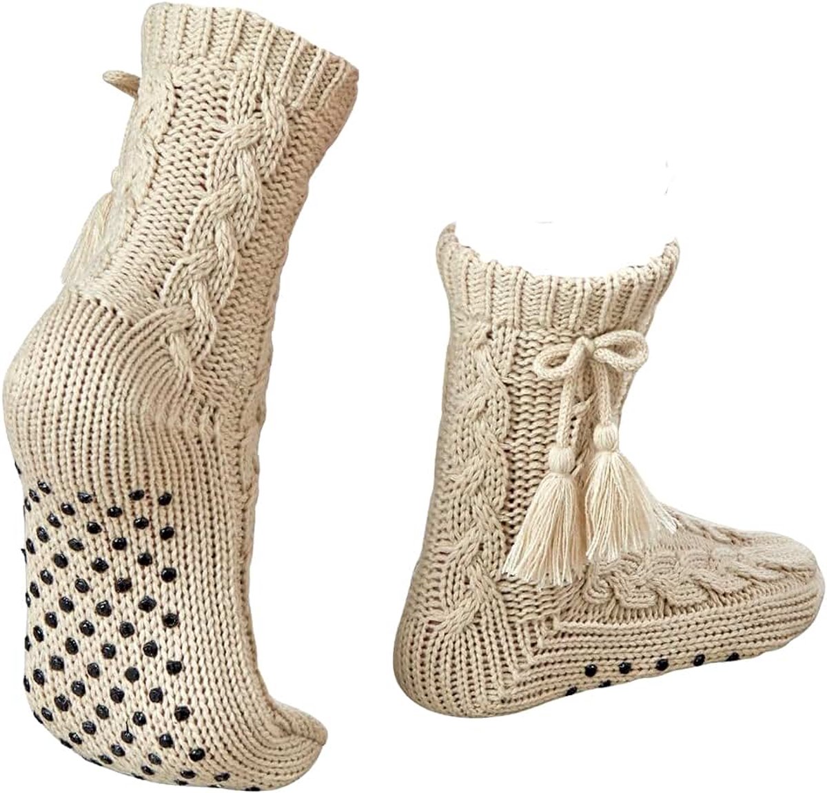 Pagen Stoppersokken met vlechtpatroon, knuffelsokken met strikdetail, antislipnoppen, beige, Noorse sokken, antislip gebreide sokken