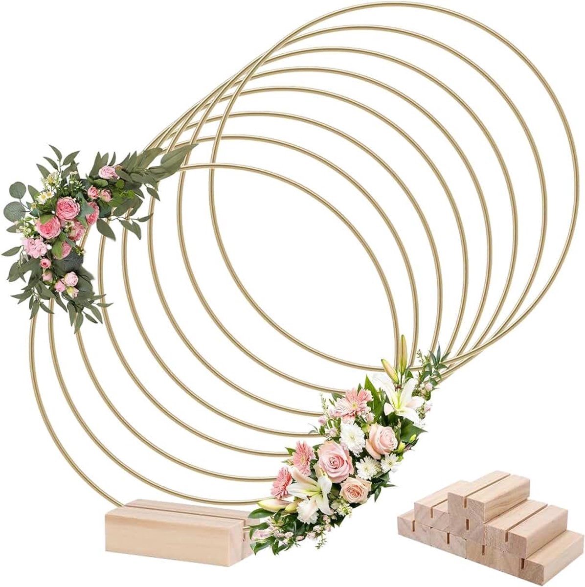 8 stuks 30 cm metalen ringen om te knutselen, gouden metalen ringen met voet met 8 stuks houten staanders draadringen, decoratieve ringen voor bruiloftskrans, decoratie, doe-het-zelf krans, handwerk