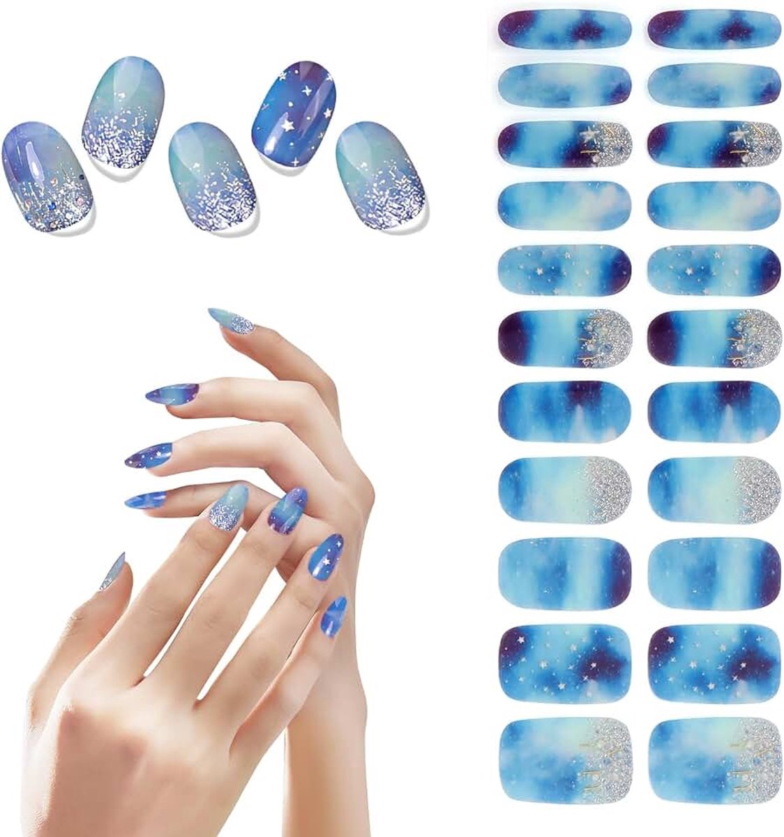 Nagelfolie, helder Galaxieblauw, nagelfolie, zelfklevend, 22 stuks, gelnagelfolie, UV-hardend, decoratie, nageldesign, accessoires voor dames en meisjes