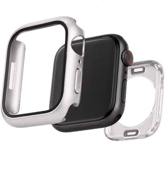Exploded view van een zwarte smartwatch met een zilveren en transparante beschermhoes.