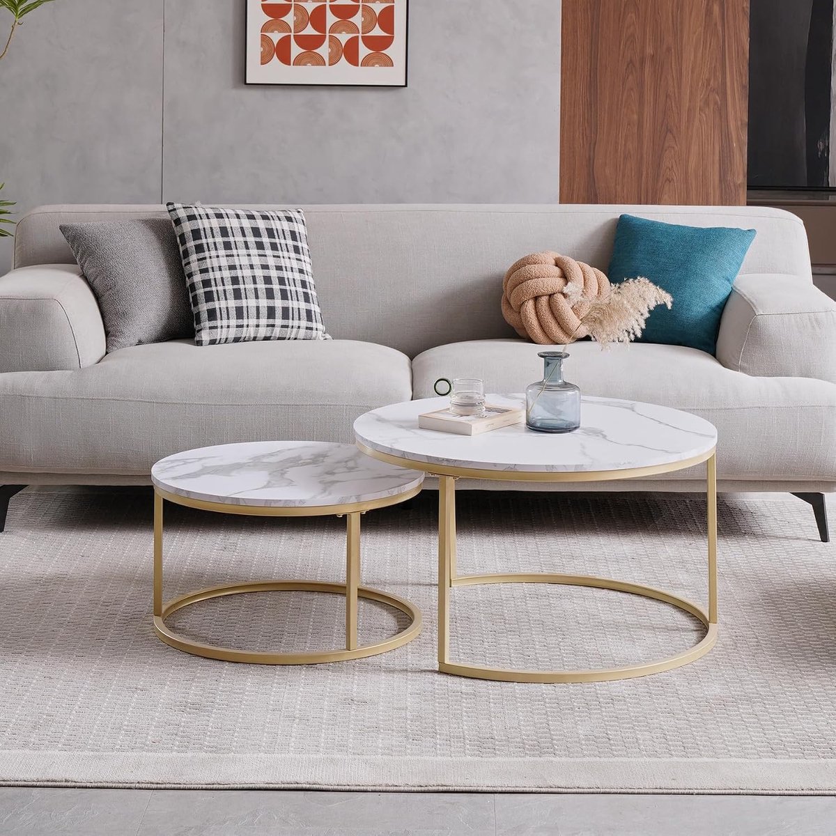 Set van 2 kleine nesteltafels voor woonkamer of eetkamer, kantoor, wit marmerlook, groot: 80 x 80 x 45 cm, klein: 60 x 60 x 35 cm (wit/goud)