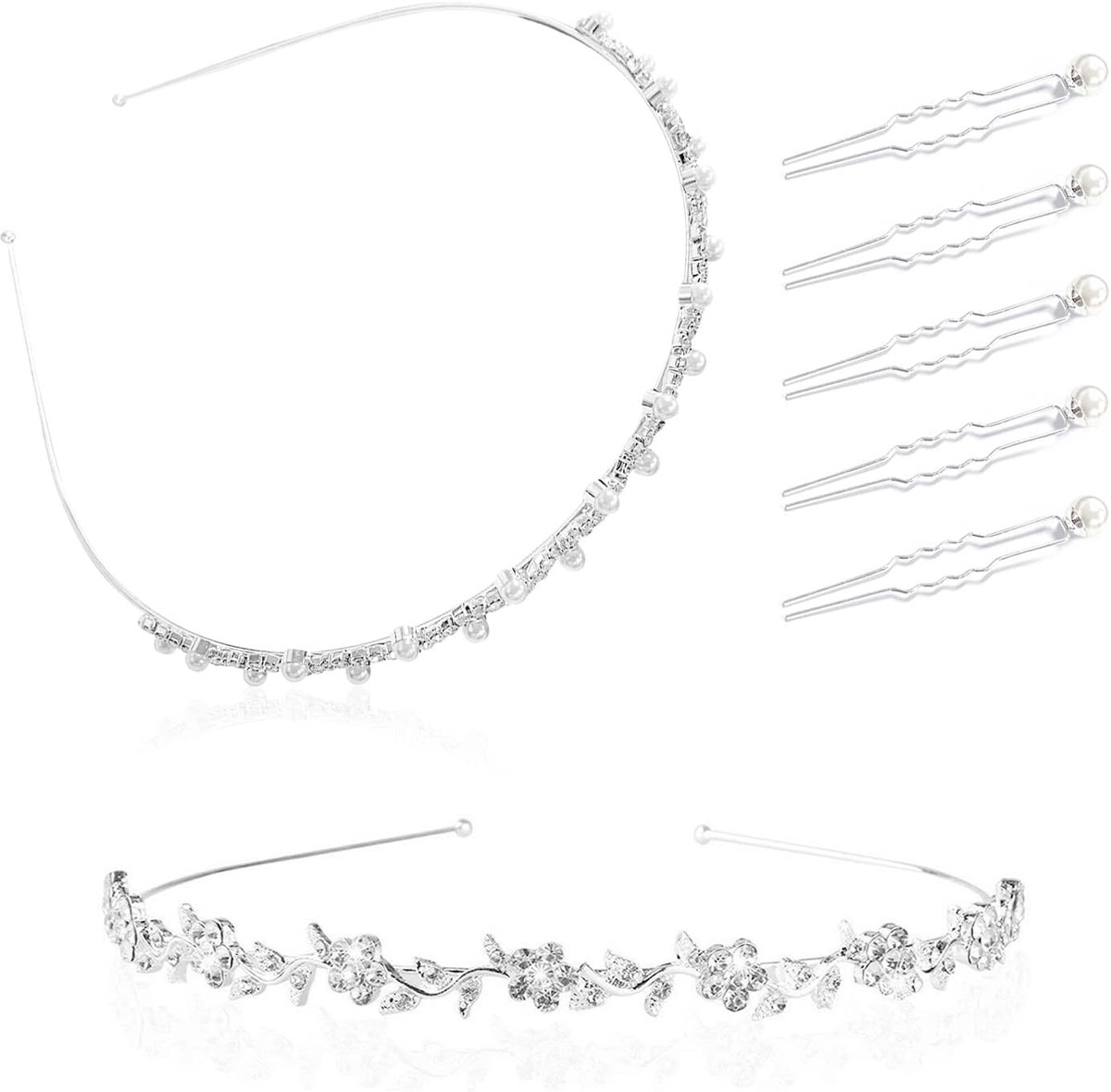 2 stuks bruids- en bruiloftsbloemenkristallen haaraccessoires, 1 pruimenbloem hoofddeksel, 1 parelhoofddeksel met 5 U-vormige parelhaartanden