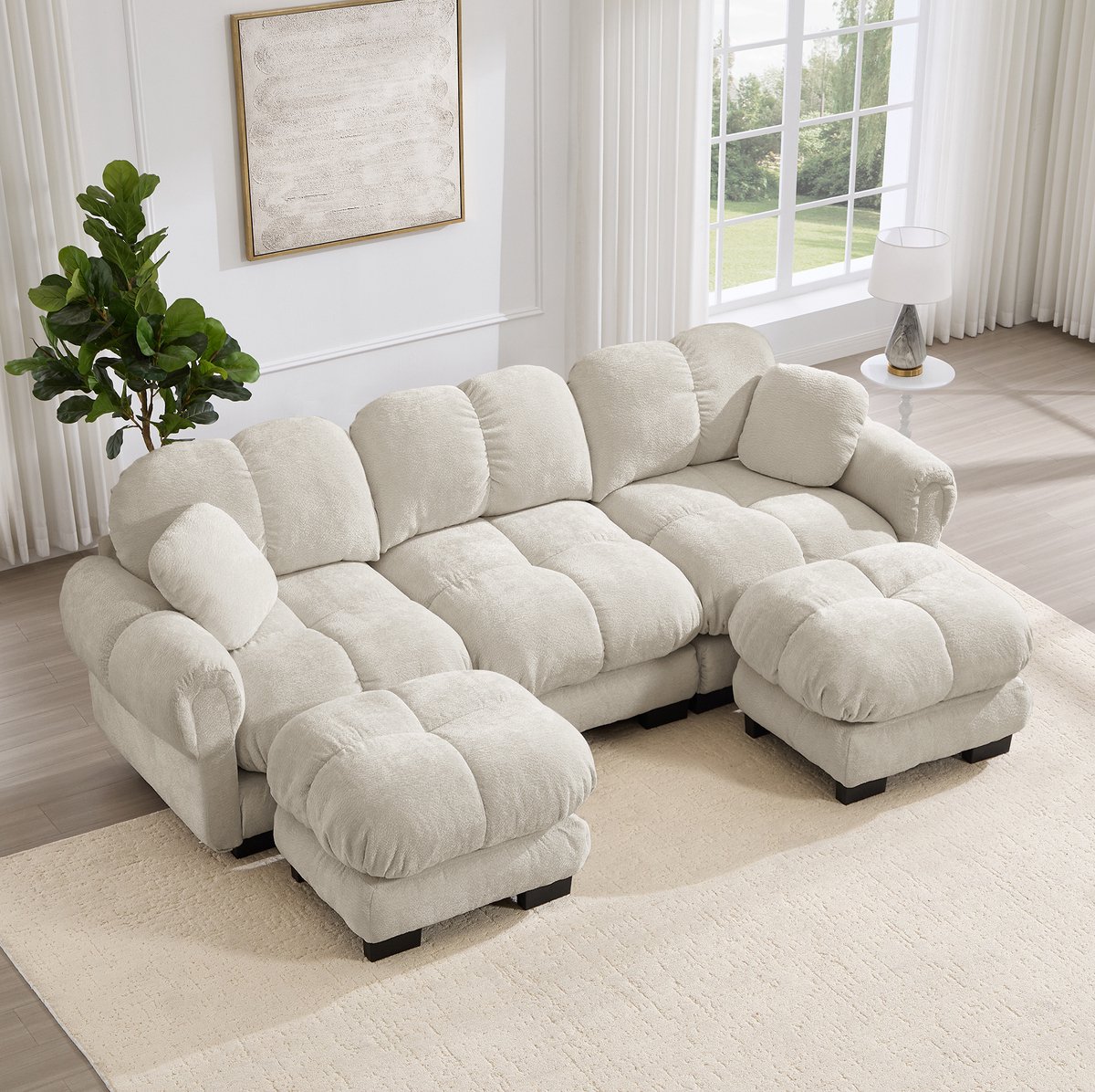 MODFU U-Bank 3-Zits - Mobiele Ottomane - Chenille - Licht Khaki Licht kaki