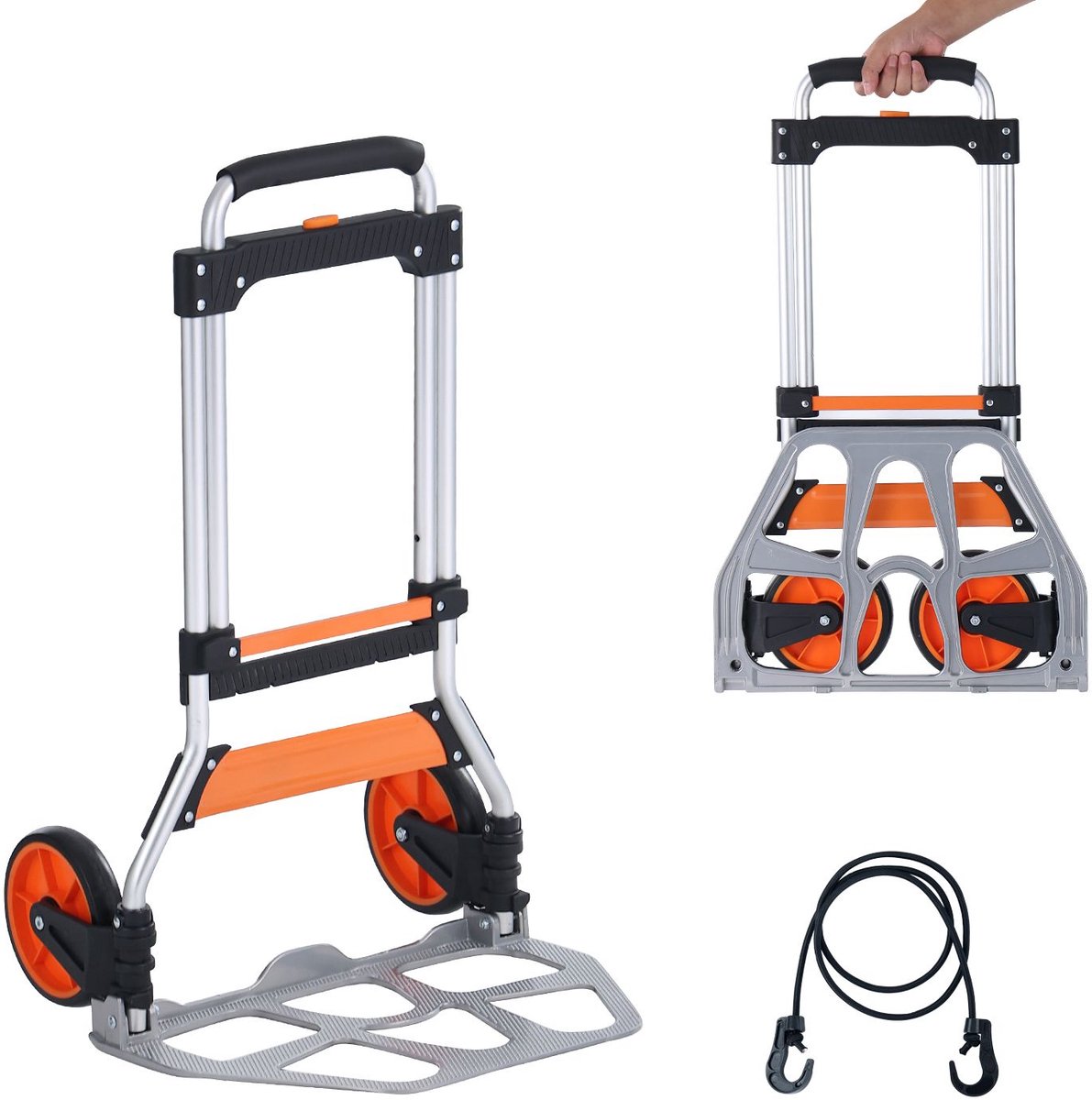 Opvouwbare steekwagen, draagvermogen 124,7 kg, verplaatsbare aluminium kar, converteerbare steekwagen en dolly met telescopische handgreep en PP+TPR wielen, ultralicht en superstevig voor magazijnverhuizingen