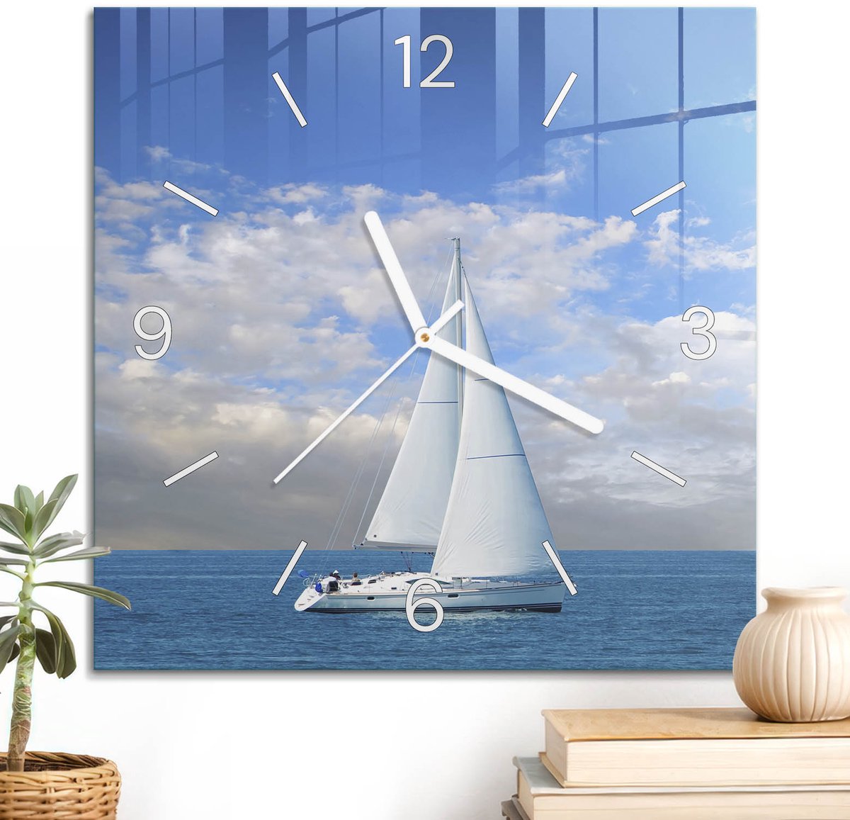 ArtPrintCave Blauw Glazen Klok - 30x30 cm - Wandklok Vierkant - Ontspanning Aan Zee Stille Wandklok - Andere Voertuigen Wandklok Keuken - Witte Klokwijzers