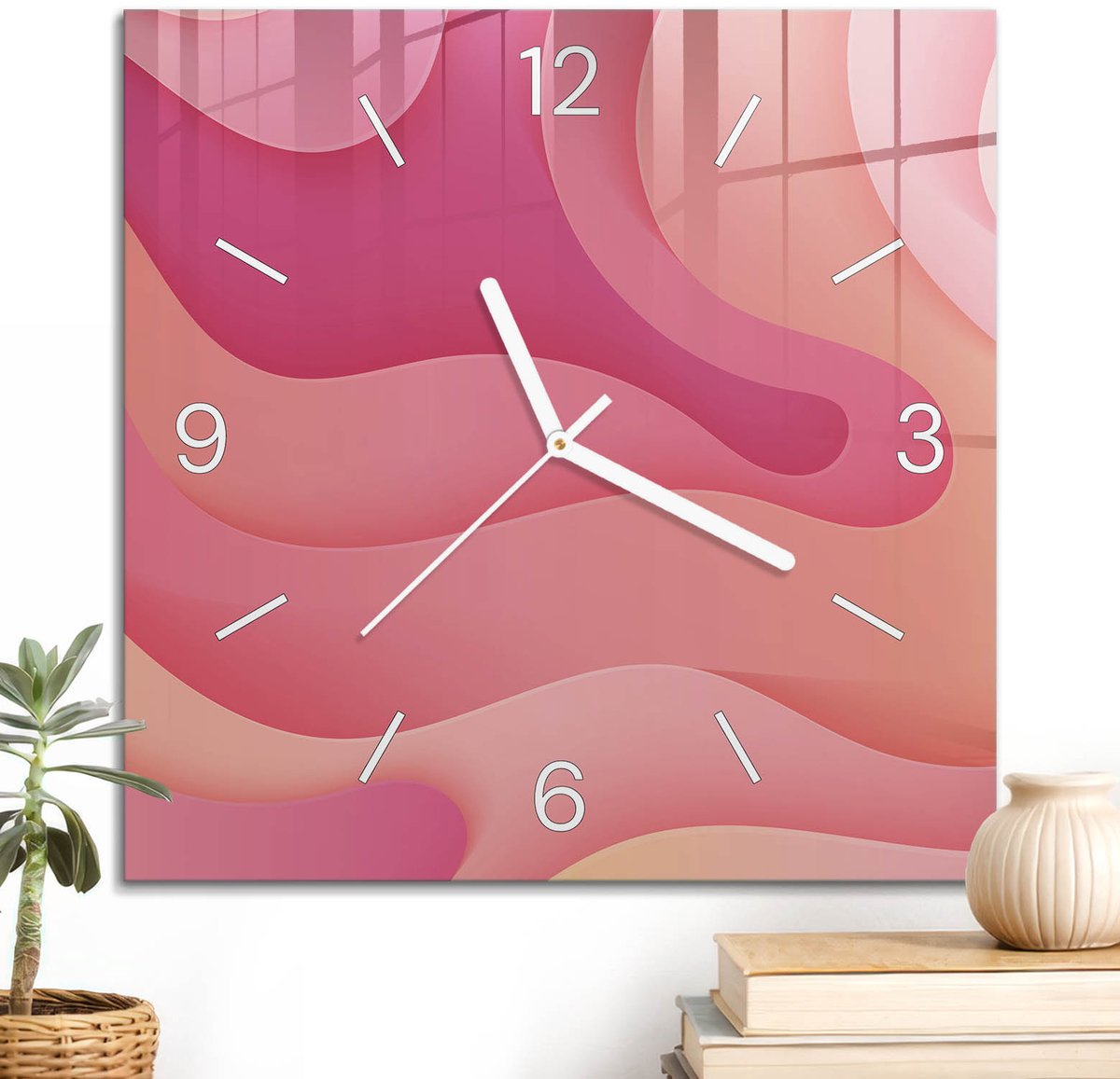 ArtPrintCave Roze Glazen Klok - 30x30 cm - Wandklok Vierkant - Energetische Abstractie Unieke Klok - Kunst Stille Wandklok - Witte Klokwijzers