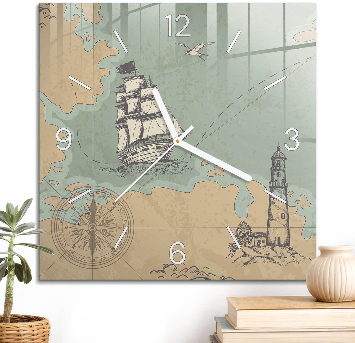 ArtPrintCave Beige Glazen Klok - 30x30 cm - Wandklok Vierkant - Zeeavontuur Wandklok Keuken - Natuur Unieke Klok - Witte Klokwijzers