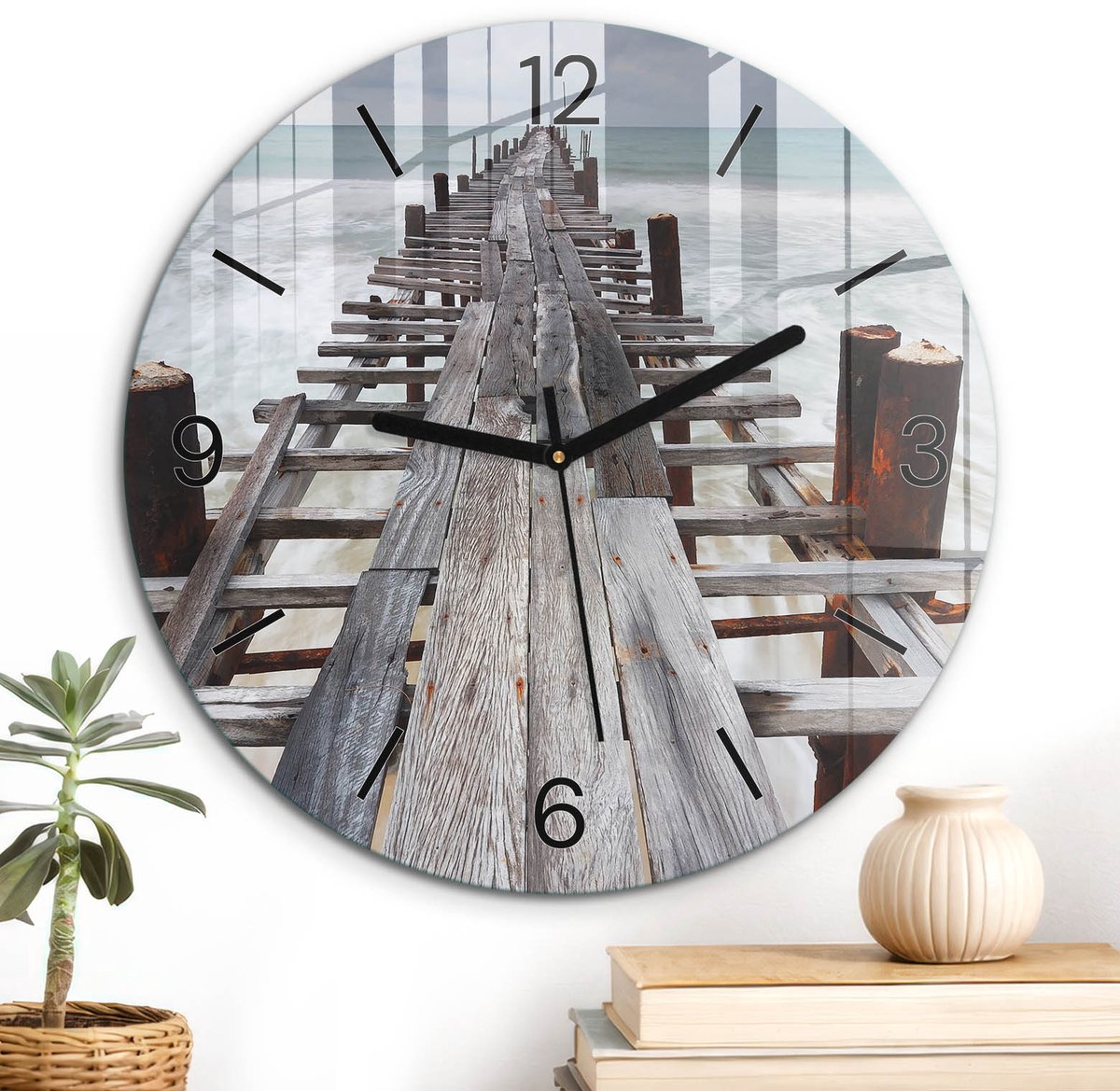 ArtPrintCave Grijs Glazen Klok - Wandklok 30 cm - Muurklok Rond - Rust Aan Zee Stille Wandklok - Natuur Wandklok Keuken - Zwarte Klokwijzers